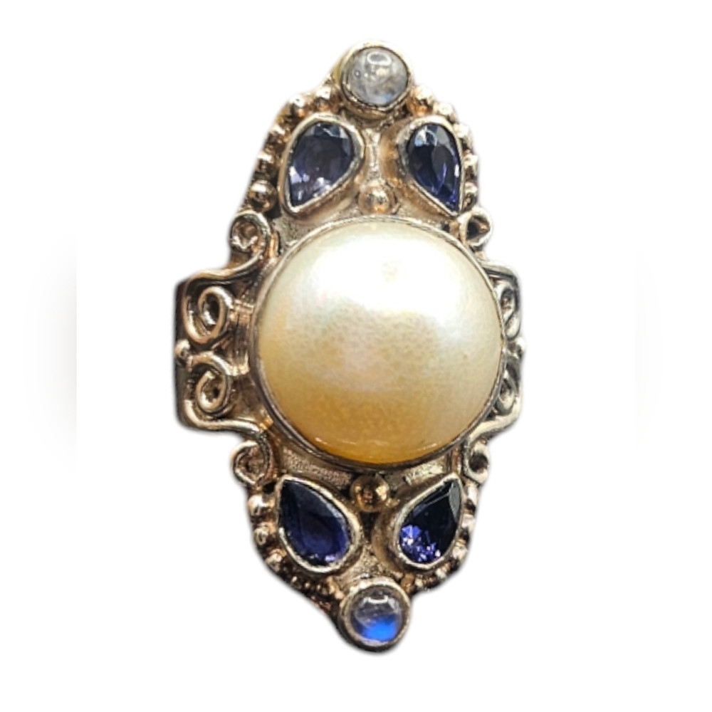 Pearl, Moonstone, and Tanzanite Ring